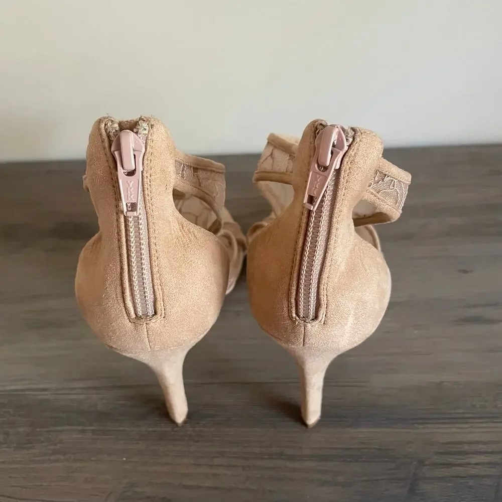 ALDO Womens 8 Nude Lace Mesh Cutout Stiletto Heels Back Zip Sandals